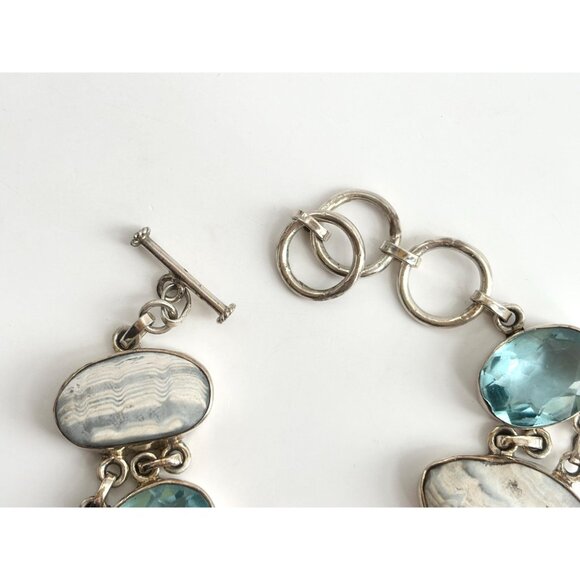 Blue Gemstone & Jasper Chainlink Silver Toned Chunky Vintage Tennis Bracelet - Picture 6 of 14